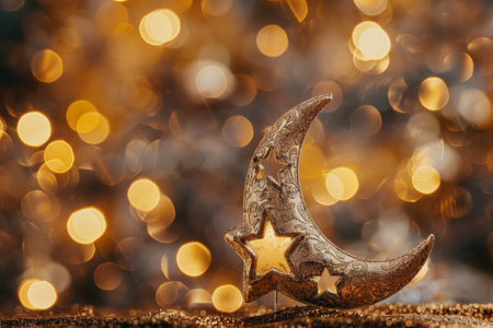 An ornamental golden crescent moon with stars on a shimmering blue background creates a magical atmosphere for festive celebrationsの素材