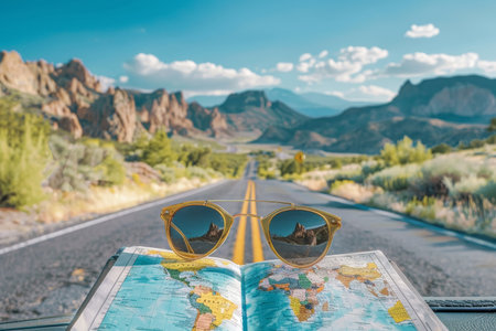 An open road leads towards a majestic mountain range, framed by a clear blue sky and vibrant natural scenery, with a travel map in the foregroundの素材