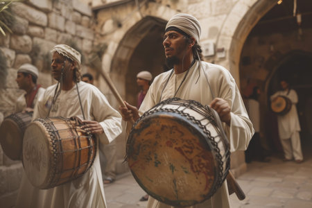 A group of traditional drummers in cultural attire engaging in the ritual of waking up residents for Suhur during the holy monthの素材