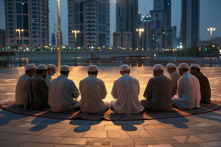 A peaceful gathering of Muslim men in traditional attire, engaging in prayer on an open plaza as dusk settles over Doha's skylineの素材