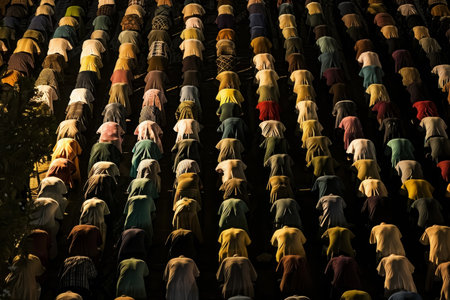 Overhead view capturing the solemnity of rows of worshippers in traditional garb engaged in nighttime prayer, symbolizing unity and faith.の素材