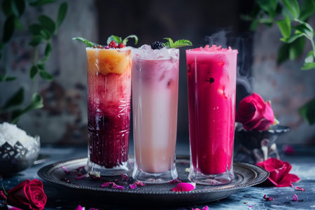 An array of traditional Ramadan beverages decorated with spices and herbs, showcased on a rustic backdrop, inviting a taste of culture.の素材