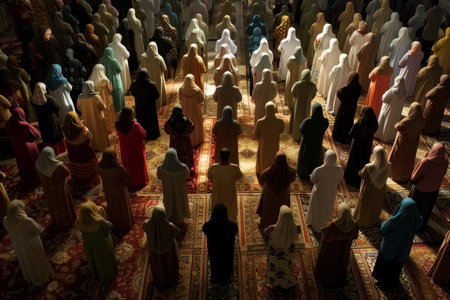 Scores of worshippers stand in solemn prayer on ornate carpets, the ambient light casting a serene glow over their diverse attireの素材