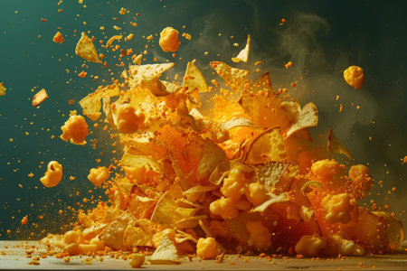 A dynamic scene of cheese-flavored snacks flying through the air, perfect for advertising savory treats and snacksの素材