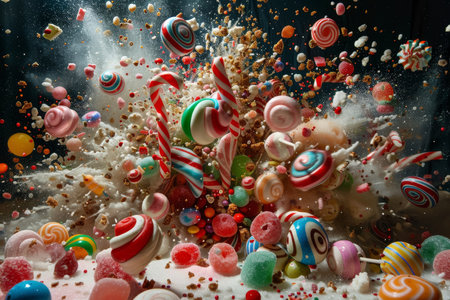 Colorful candies create a dynamic, cosmic-like explosion against a dark background, perfect for energetic and playful conceptsの素材
