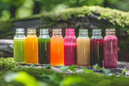 An array of colorful detox juices in clear bottles, set against a natural backdrop, offering a healthy beverage choiceの素材