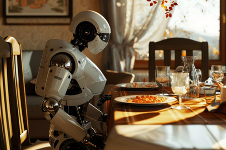 A robot sits poised at the dinner table, integrating into human daily life and suggesting a future of domestic robots in home settingsの素材