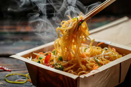 A takeout box opens to reveal piping hot Asian noodles with a steamy aroma, accompanied by a blend of vegetables and a pair of chopsticks mid-liftの素材