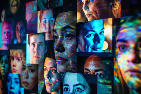 A vibrant collage showcases a tapestry of diverse faces, each illuminated by the technicolor glow of computer screens, depicting the digital age's reachの素材