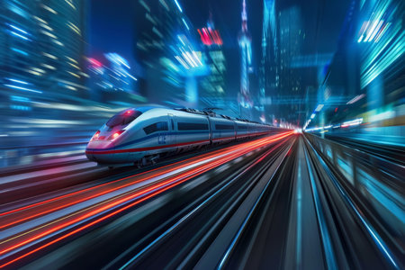 A modern high-speed train blurs past, symbolizing progress and innovation in contemporary transportation against an urban backdropの素材