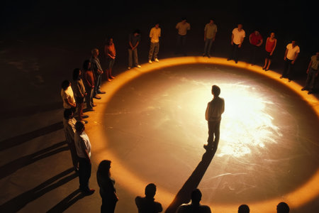 An aerial view of a diverse group of individuals forming a large circle with one person standing at the center, symbolizing unity and focus.の素材