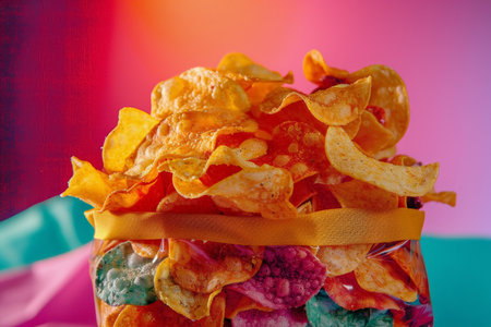 A cornucopia of crisps bursts from a colorful bag, set against a psychedelic backdrop for a festive feel.の素材