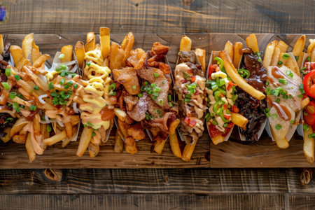 A feast for the eyes, this image presents an artistic spread of fries mixed with vibrant vegetables, portraying the fusion of fast food with fresh produceの素材