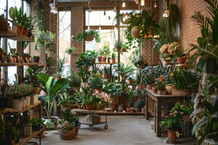 A charming indoor scene teeming with a wide selection of houseplants, creating a lush and inviting botanical atmosphere.の素材