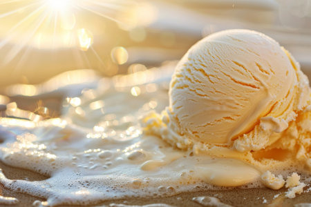 A single scoop of vanilla ice cream captured in high detail as it slowly melts into a pool of creamy decadence, highlighted by a soft, golden bokeh backgroundの素材