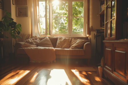 Warm sunlight pours into a cozy living room, highlighting comfortable sofas and a peaceful reading corner with bookshelvesの素材