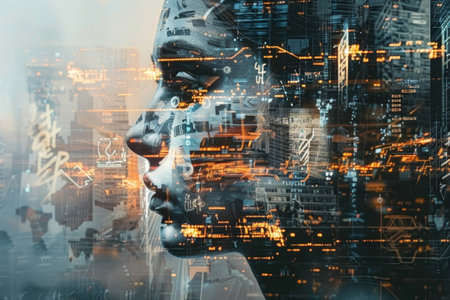 A composite image blending a female face with vibrant digital art, illustrating the fusion of human creativity and artificial intelligence in modern designの素材