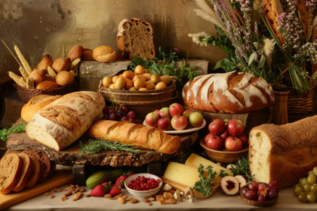 A bountiful display of assorted breads surrounded by fruits, nuts, and festive decor, illustrating a feast for the sensesの素材