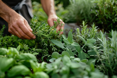Hands delicately tend to a verdant herb garden, the freshness of the greenery speaks to sustainable living and culinary passion.の素材