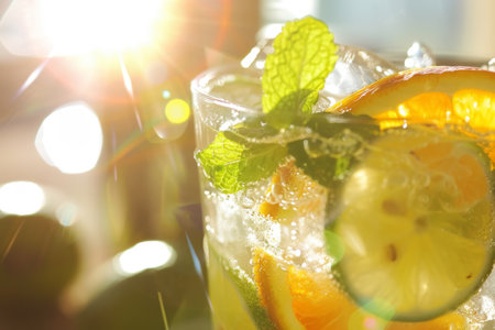 A vibrant spritz cocktail adorned with citrus slices and mint, casting refreshing shadows on a sunny dayの素材