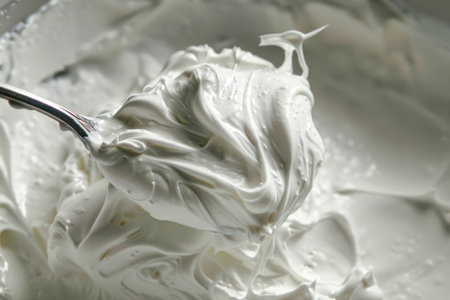Close-up of a spoon lifting velvety Greek yogurt, the creamy texture accentuated against a soft-focus background.の素材