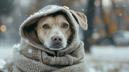A brown-eyed dog peeks out from a snow-dusted knit scarf, its gaze warm against the cold winter backdrop.の素材