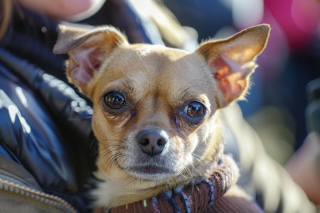 A close-up of a small dog looking at the camera, receiving affection from a person's handsの素材