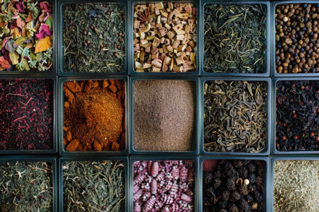 A diverse collection of loose leaf teas arranged in a compartmentalized box, offering a variety of textures and colors.の素材