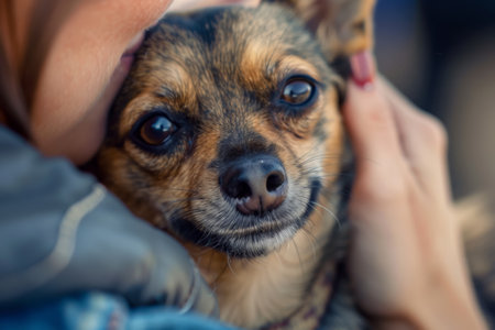 A close-up of a small dog looking at the camera, receiving affection from a person's handsの素材