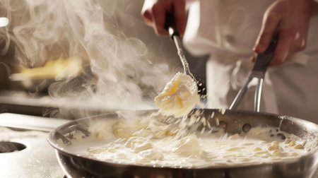 A person in a striped apron adds yogurt to a bowl with herbs, the kitchen filled with natural lightの素材