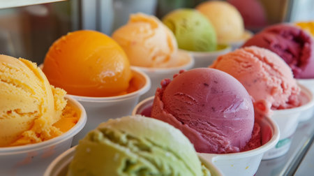 A delectable array of colorful sorbets, with fresh berries atop, presented in a chilled metal tray offering a variety of refreshing flavors.の素材