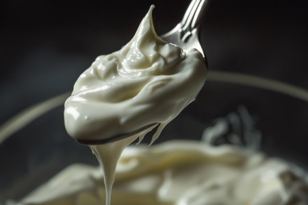 Close-up of a spoon lifting velvety Greek yogurt, the creamy texture accentuated against a soft-focus background.の素材