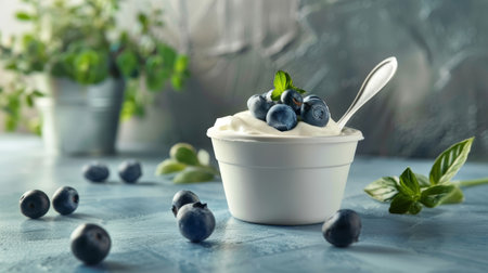 Close-up of a white yogurt container topped with fresh blueberries and mint, with a spoon on the side on a blue surfaceの素材