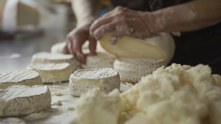Hands skillfully work through cheese curds, a scene of artisanal cheese production with a warm, inviting atmosphere that speaks to tradition and craftsmanshipの素材