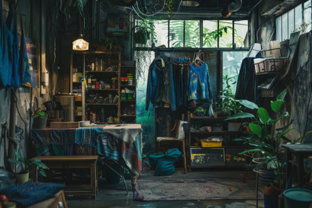 A dimly lit, cozy corner of an urban dwelling, filled with plants and recycled materials, depicting a sustainable lifestyle.の素材