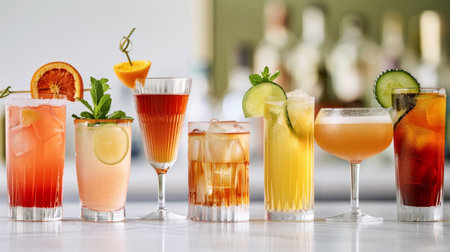 An elegant arrangement of various colorful cocktails, artfully presented on a bar with botanical garnishes, showcasing a range of flavorsの素材