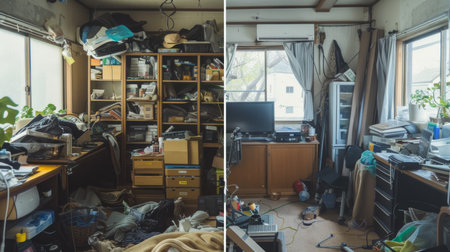 Split-screen view capturing the stark contrast between a cluttered, chaotic room and its clean, organized counterpart.の素材