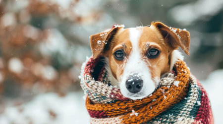 A brown-eyed dog peeks out from a snow-dusted knit scarf, its gaze warm against the cold winter backdrop.の素材