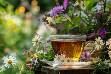 An inviting cup of herbal tea sits amidst a lush garden, surrounded by wildflowers and sunlight, symbolizing natural wellness and calmの素材