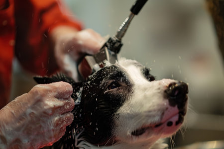 A Border Collie dog getting groomed with clippers during a bath, water droplets visible.の素材