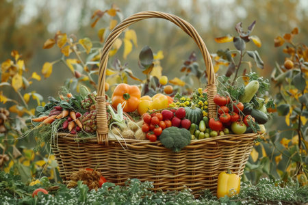 A rustic basket filled to the brim with an abundant variety of freshly picked, vibrant fruits and vegetables, symbolizing health and harvestの素材