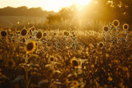 Sunflowers stand tall in the soft light of the golden hour, capturing the tranquil end of a day during harvest time.の素材