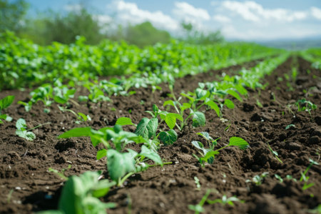 Close-up of a well-tended organic farm plot showcasing young plants sprouting from rich, fertile soil in a lush environmentの素材