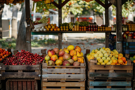 Colorful crates of fresh fruits and vegetables on display at a local farmers market, inviting shoppers with a variety of healthy optionsの素材