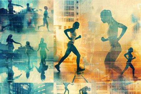 A colorful montage depicts silhouettes of runners in motion, overlaying an abstract background, symbolizing energy and vitalityの素材