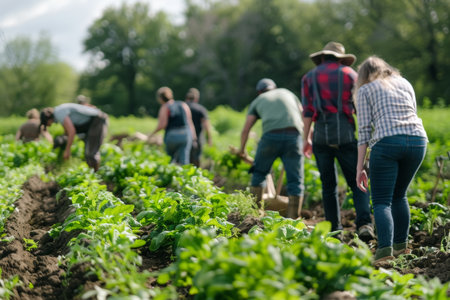 Community members and farmers band together, working in a lush field, highlighting the unity in agricultural laborの素材