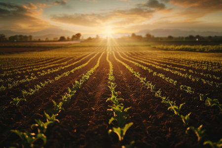 A vibrant sunrise bathes a field of young, green plants in a golden glow, highlighting the fresh start of a new day on the farmの素材