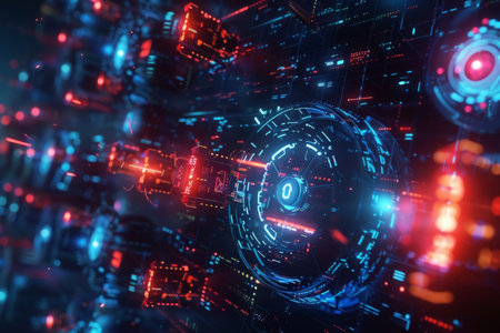 Visualization of a secure digital network with illuminated locks and data blocks, representing cybersecurity in businessの素材