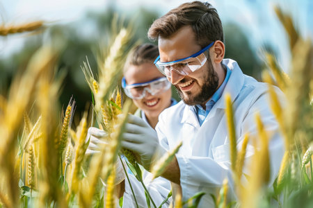 Two scientists collaborating in a wheat field, examining agricultural samples with a focus on sustainable farming practicesの素材