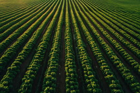 A vibrant sunrise bathes a field of young, green plants in a golden glow, highlighting the fresh start of a new day on the farmの素材
